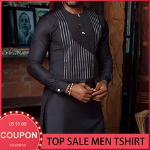 

Men's Long-Sleeve Shirt Printed Stripes African Traditional Dashiki Fashion Tops Men Muslim Clothes Plus Size T-shirt Male 2021