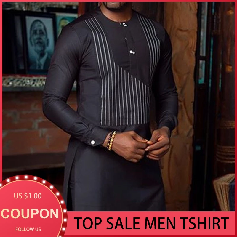 Men's Long-Sleeve Shirt Printed Stripes African Traditional Dashiki Fashion  Tops Men Muslim Clothes Plus Size T-shirt Male 2021
