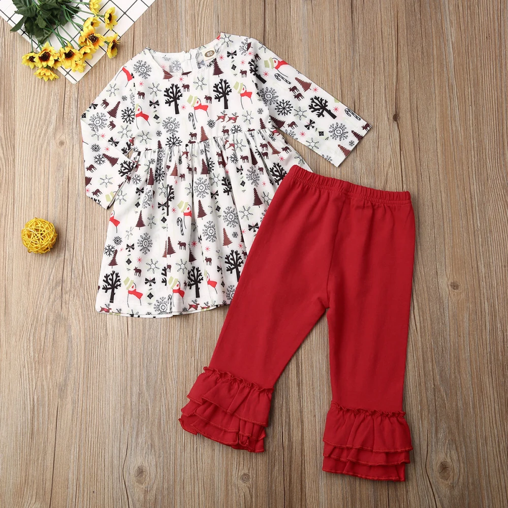 Рождественские наряды для маленьких девочек 1-5 лет, детские топы с оборками, платье и длинные штаны, Рождественская одежда