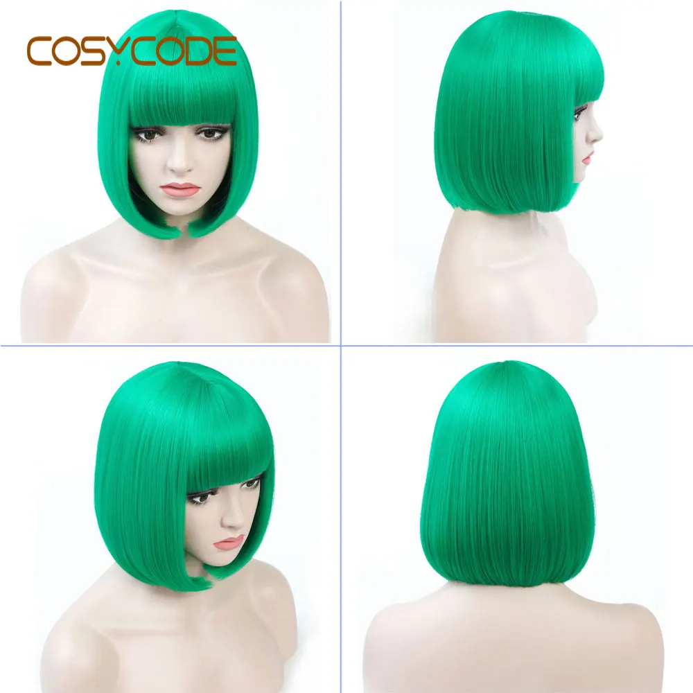 green COSYCODE 12 дюймов короткий черный боб парики с челкой прямые некружевные синтетические Косплей парики костюм 30 см - Цвет: green