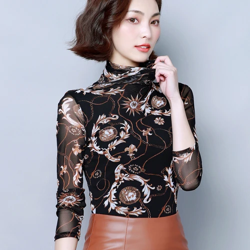 

2019 Spring Autumn New Fashion Style Exquisite Printing Big Code Women Shirt Elegant Temperament Slim Female Bottoming Blouse