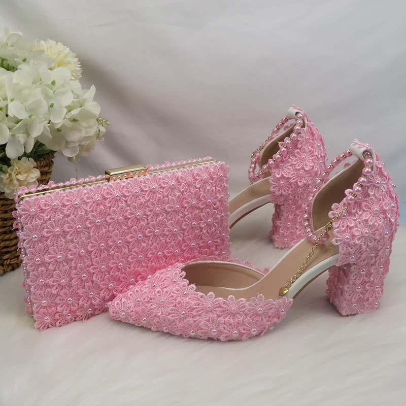 AB Pink Pearl Flower Wedding Shoes With Matching Bags High Heels