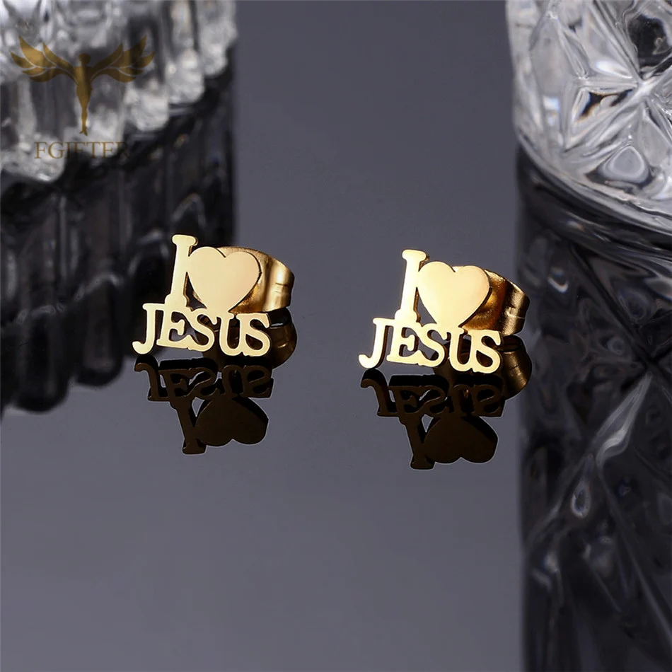12 Pairs Lot Love Heart Jesus Stud Earrings Jehovah Christianity Accessories Stainless Steel Ear Piercing Jewelry Wholesale Gift 2