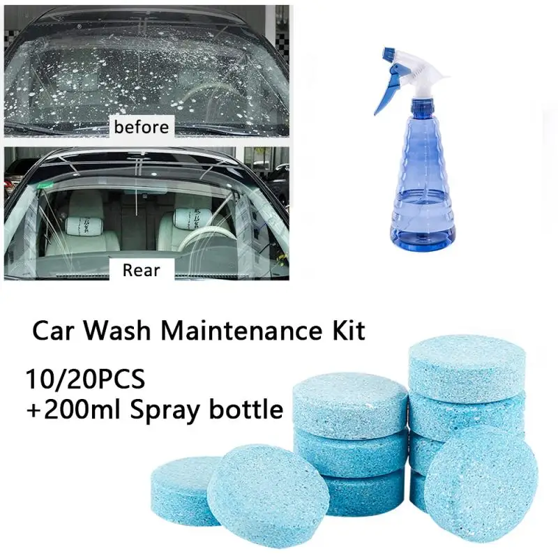 

10/20pcs Super Condensed Effervescent Tablet Wiper Car Windshield Glass Washer Solid Wiper Cleaner Tablet + 200ml Spray Bottle