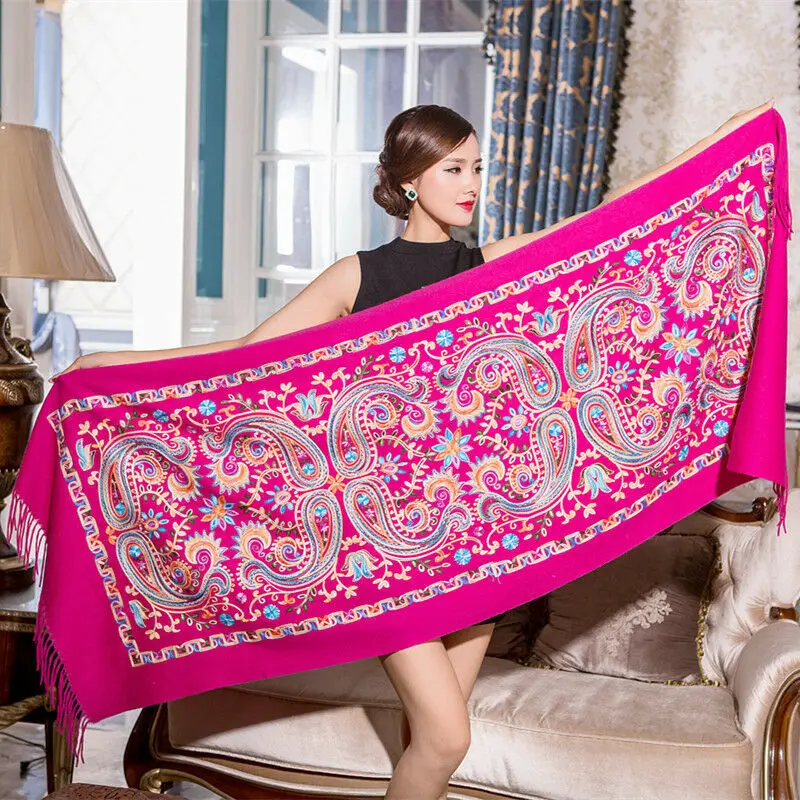 

Hot Sale Women Embroider Flower Pashmina Cashmere Scarf Winter Warm Fine Tassels Scarf Oversize 200x70cm Fashion Shawl Scarves