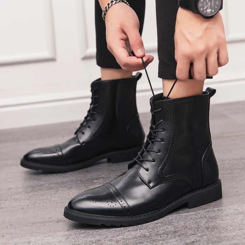 Misalwa/Мужские ботинки в байкерском стиле на шнуровке; повседневные удобные ботинки «Челси»; Zapatos; Мужская обувь; полуботинки с перфорацией типа «броги»; Цвет Черный