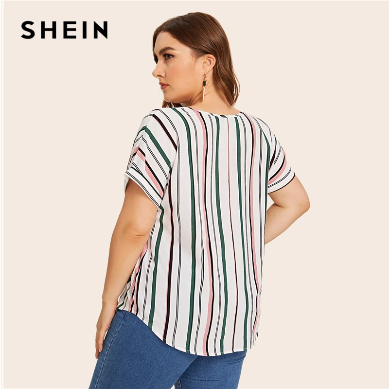 SHEIN Плюс Размер Многоцветный изогнутый подол полосатая блузка Топ Женская летняя с v-образным вырезом короткий рукав Повседневная Плюс топы и блузки