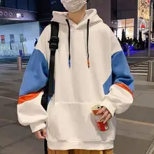 

Contrasting color hooded sweatshirt men patchwork hoodie 2021autumn winter new Hong Kong style velvet thick casual loose clothes