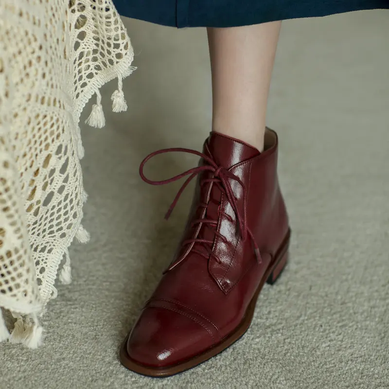 Fashion Red Boots High Quality Cow Leather Buckle Lace-up Round Toe Women's Shoes Handmade New Ankle Boots