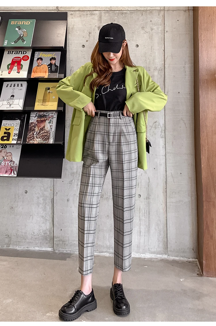 JUJULAND Stretchy Plaid Pencil Pants Women Casual Autumn Women Trousers Elastic Waist Tweed Slant Elegant 7232