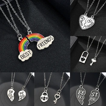 

2Pcs/set Best Friend Necklace Charm Lady Rainbow Heart Engrave Best Friend Forever Necklace Pendant Friendship BFF Jewelry Gift