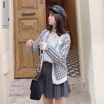 

2019 Autumn Vintage Lady Knit Cardigan Women Fashion Plaid Long Sleeve Single-breasted Coat MX19C5243
