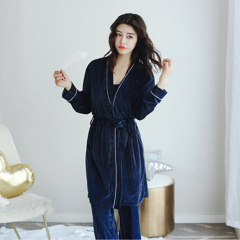 JRMISSLI зимняя одежда для сна для женщин, пижамы, сексуальный пижамный комплект, теплая Домашняя одежда, 3 предмета, Золотая Бархатная Пижама - Цвет: Синий
