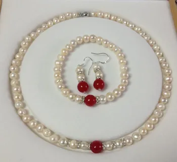 

Free shipping Wholesale price +8-9mm White Pearl Red Necklace Bracelet Earring Set 18"