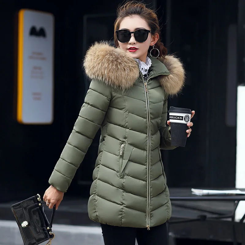 Зимняя куртка Женский меховой воротник с капюшоном Толстая теплая Стеганая пуховая хлопковая куртка тонкая Офисная Женская куртка M-6XL Большие размеры Parker