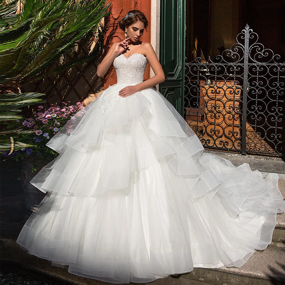 Новое поступление, великолепное бальное свадебное платье размера плюс, Vestido De Noiva, белое Тюлевое платье с кружевной аппликацией на шее