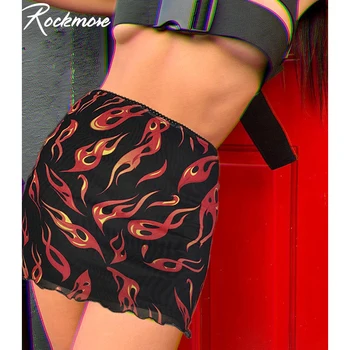

Rockmore High Waisted Skirts Womens Fire Flame Print Mesh Mini Skirts Casual Streetwear Black Female Skirt Fishnet Summer Club