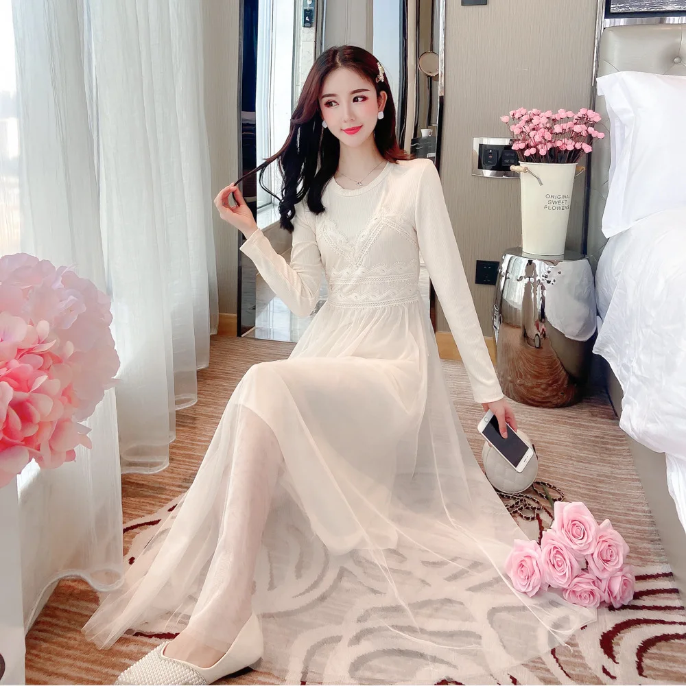 

2020 Spring New Style V-neck Knit Sweater Dress Gauze Mid-length High-waisted Slimming Underwear Base Dress WOMEN'S Dress