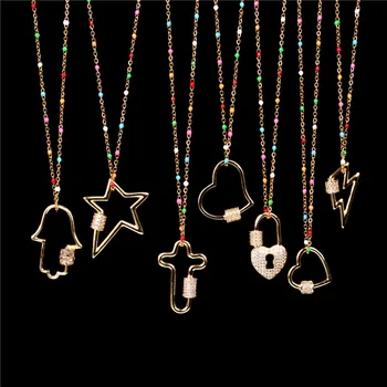 

cz screw clasp pendant necklace,fashion enamel rosary chain necklace,handmade diy cz jewelry necklace Hand/Heart/Cross/Star/Lock