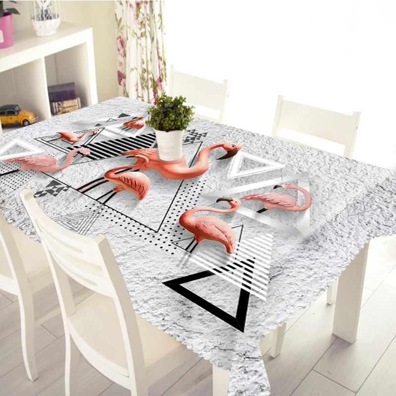 3D Colorful Flower and Flamingo Tablecloth Dustproof Thicken Cotton Rectangular/Round Table Cloth for Wedding Picnic Party