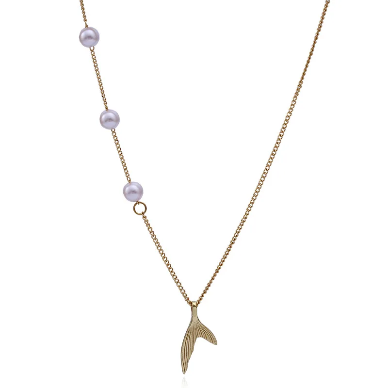 

Simulated Pearls Chain Whale Tail Fish Charm Women Necklace Mermaid Tail Pendant Necklace Gold Color Necklaces Jewelery Collier