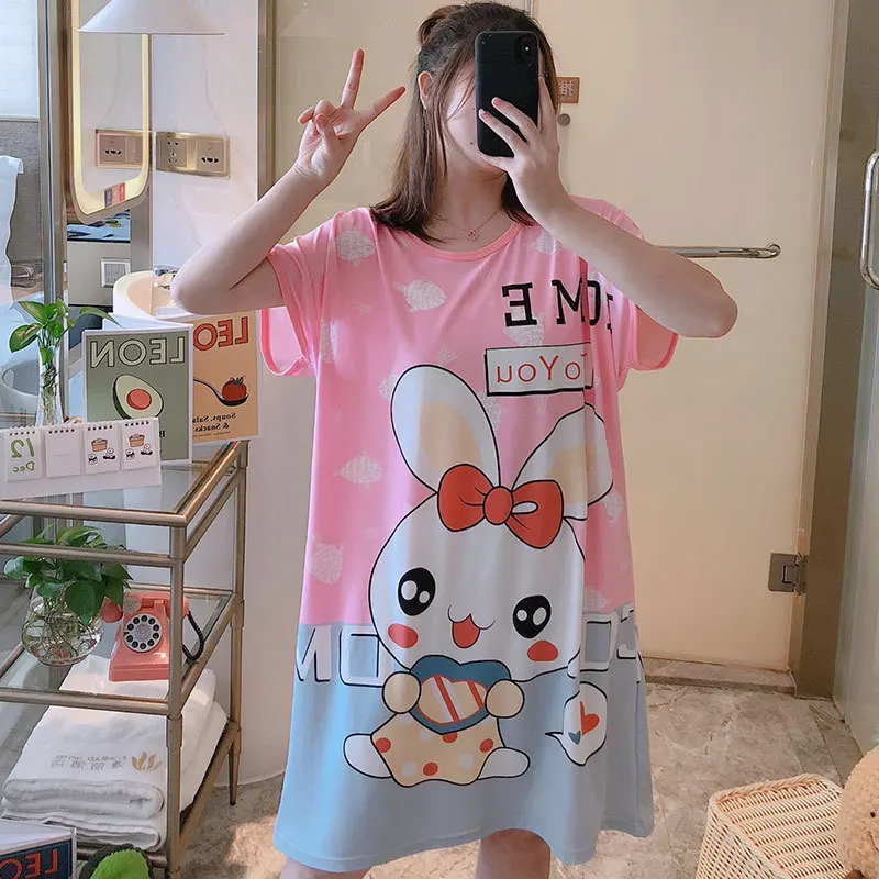 Women nightgowns Women nightdresses Sleeping dress Plus Size Summer Loose Women Nightdress Short Sleeves Cute Cartoon Sweet Casual Sleepwear for Girls