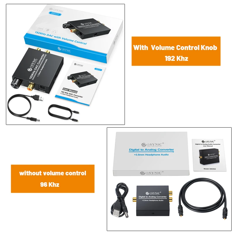 Neoteck 96Khz 192 Khz Digital to Analog Audio Converter DAC With Volume Control Knob Toslink Coaxial to RCA 3.5mm Jack Audio DAC