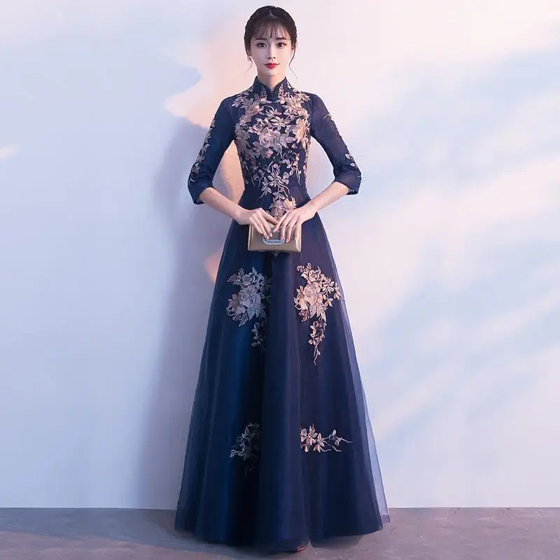 Сексуальное платье в китайском стиле; женские тонкие вечерние Длинные Cheongsam; свадебное платье; роскошное свадебное платье; Qipao; модная одежда; Vestido - Цвет: Navy Blue - D