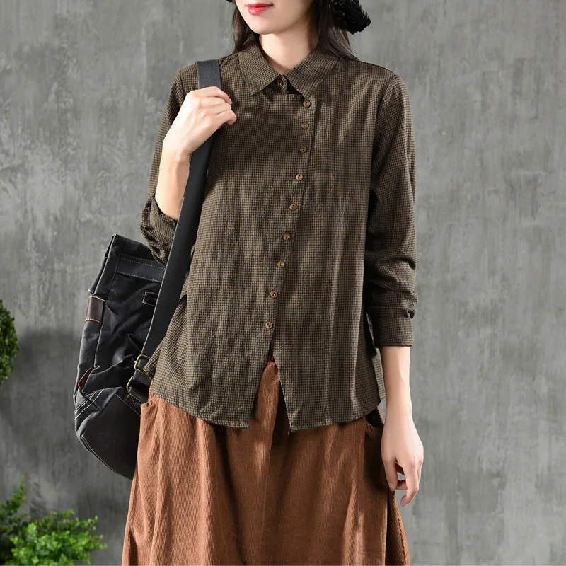 Vintage Cotton Linen Shirts Women's Blouses Plaid Cloths Spring Lapel Collar Long Sleeve Button Casual Shirts AA166S30