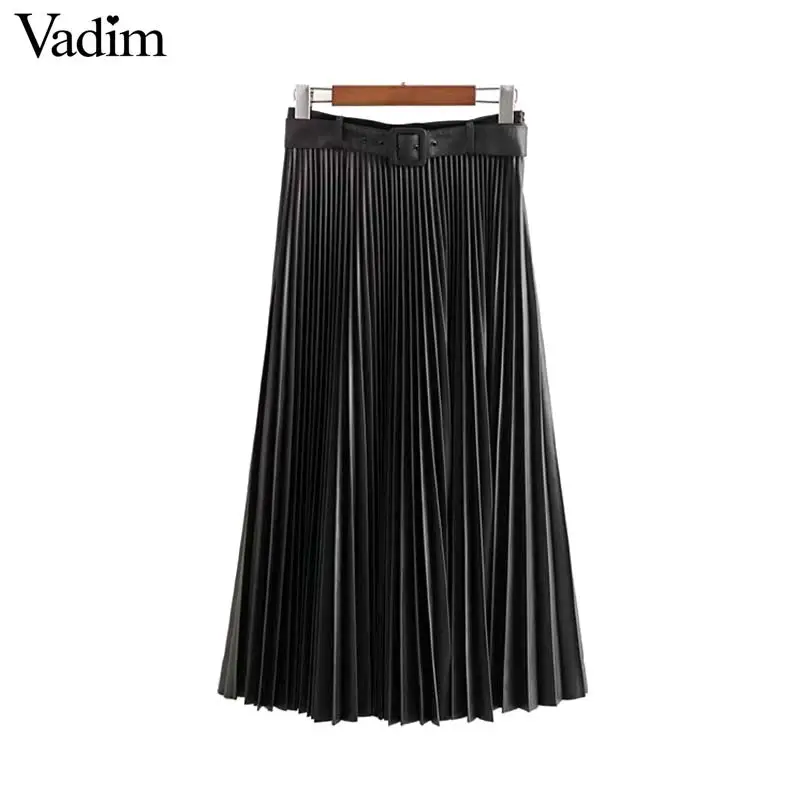 Vadim, Женская шикарная плиссированная юбка из искусственной кожи, галстук-бабочка, пояс, боковая молния, базовая Женская Повседневная стильная юбка до середины икры, mujer BA870