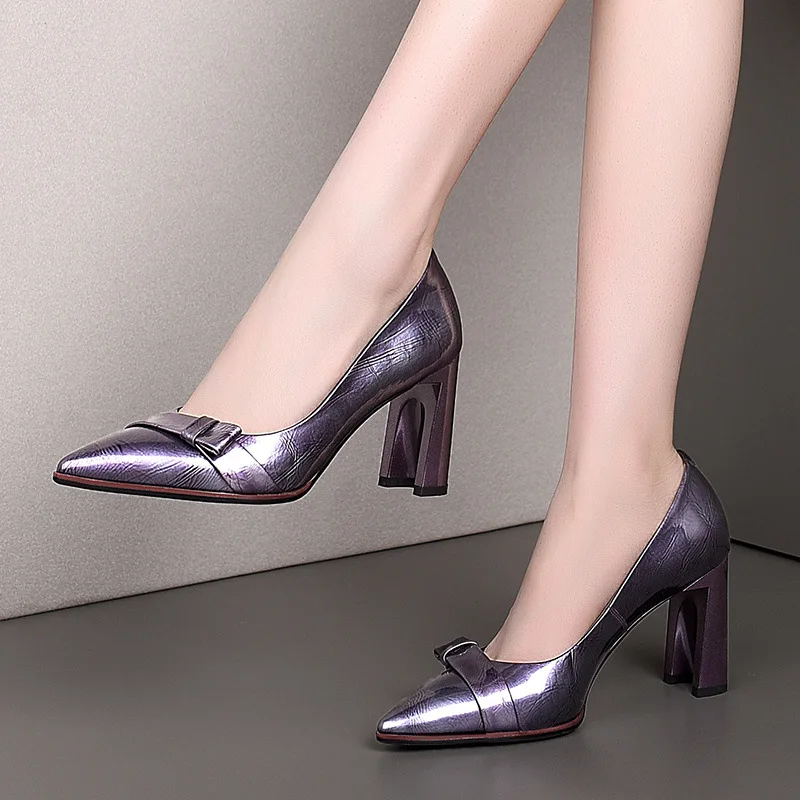 

2019 New Style Versatile Spring And Autumn Chunky-Heel Shoes Pointed Shallow Mouth Low Top Bow High-Heel Genuine Leather Comfort