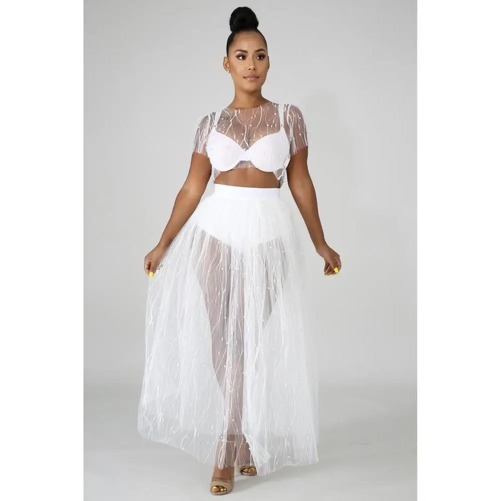 

Hot Sexy White See Through Mesh 2 Piece Dress For Women 2019 Beading Crop Top And Matching Maxi Skirts Party Club Outfit SJ3271