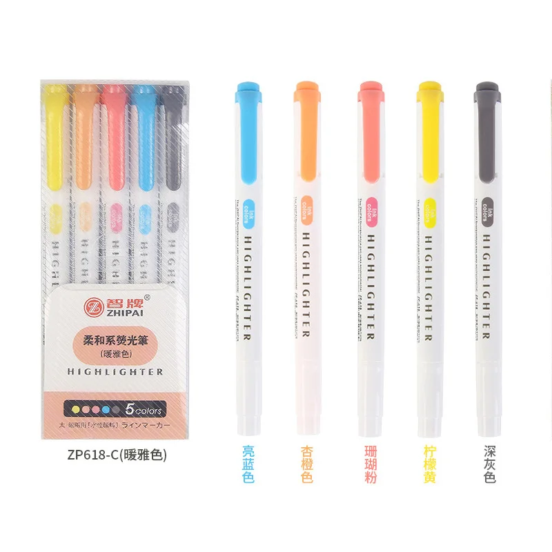 

5Pcs/set Japanese Stationery Mild Liner Double Headed Highlighter Pen Marker Pen Children's Drawing Pen Stationery Supplies
