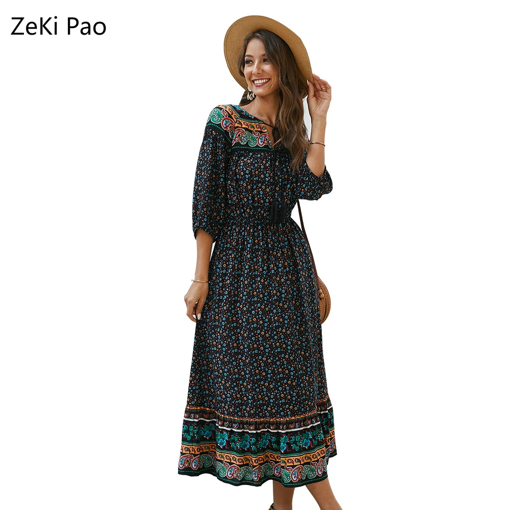 

Women's Vintage Print Dress Cropped Sleeve Elegant Summer Dress Women's High Waist V-neck Plus Size Dress Sukienka