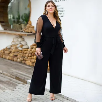 

Plus Size Women Jumpsuits Casual Solid Mesh stitching Long Sleeve V-Neck Rompers Wide Leg Overall Monos de Fiesta 2020 New Drop