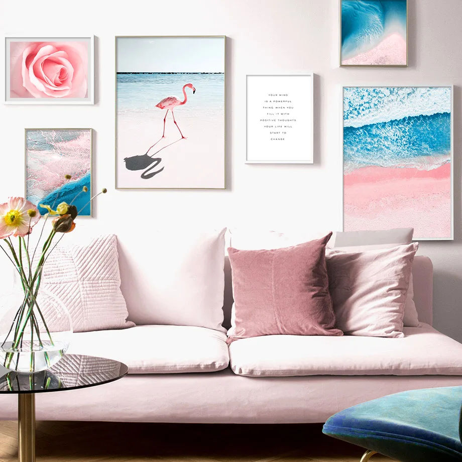 

Pink Flamingo Rose Flower Seaside Quote Wall Art Canvas Painting Nordic Posters And Prints Wall Pictures For Living Room Decor