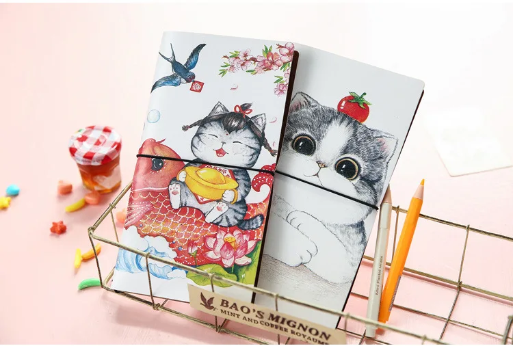 Kawaii Fortune Cat PU Leather Cover Notebook travel Diary Book Exercise Composition Binding Note Notepad Gift Stationery