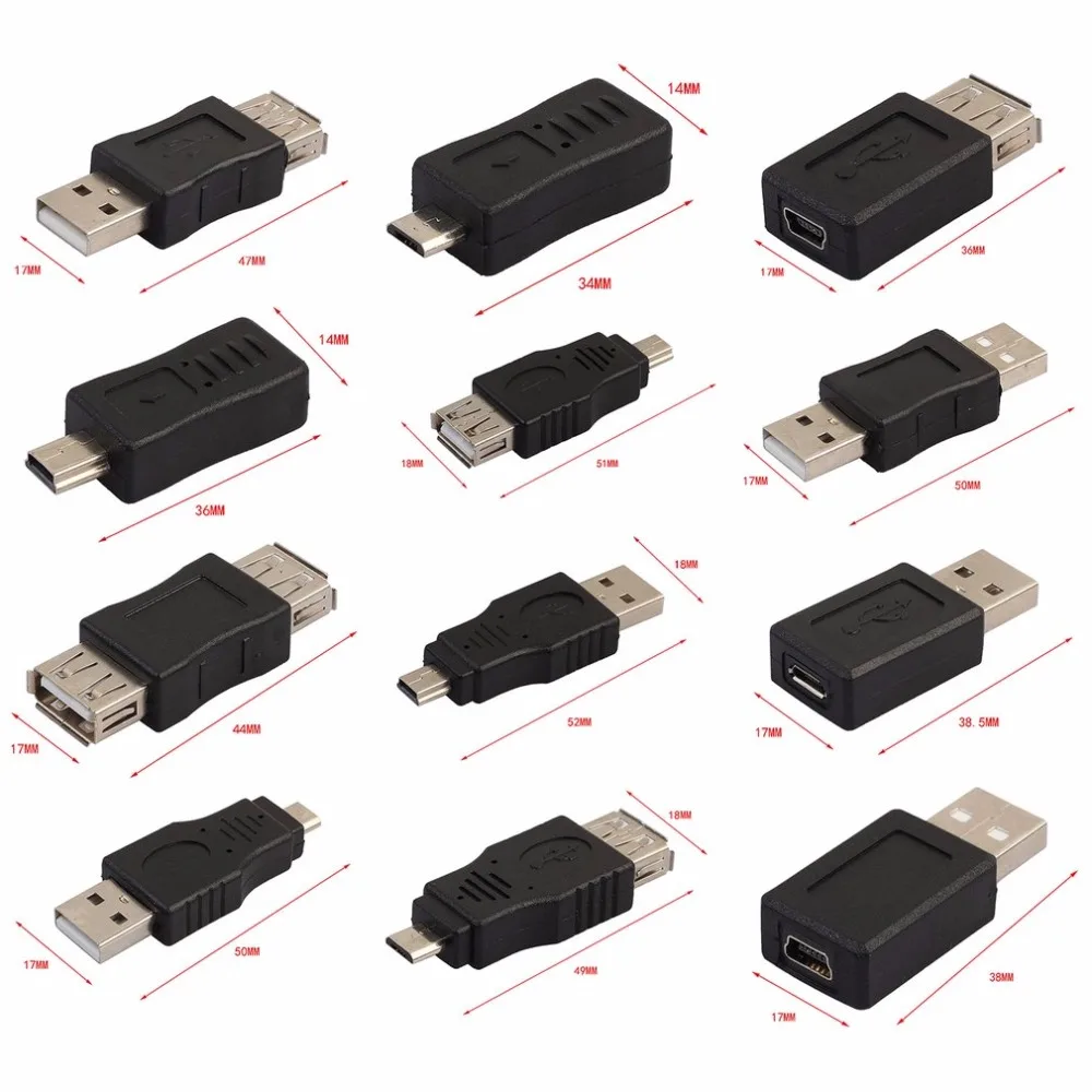 Универсальный 12 штук в наборе USB 2,0 мужского и женского пола Micro USB мини Портативный чейнджер адаптер высокое Скорость конвертер из двух вещей черно-разъем