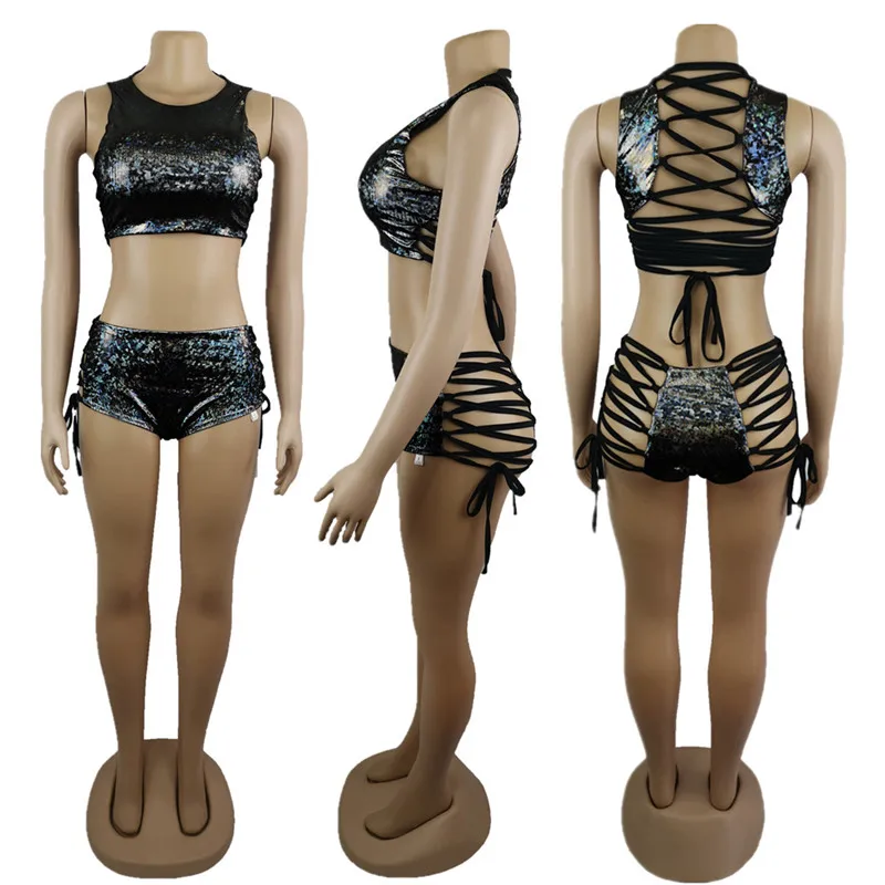 2 Piece Sets Holographic Crop Top And Hot Shorts Women Sexy Lace Up Festival Party Rave Clothing Two Piece Set