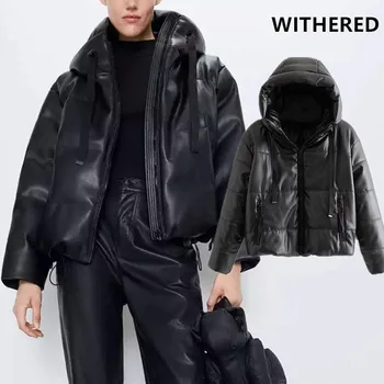 

Withered winter coat women england style high street thick warm hooded leather parka coat women short PU bread coat jacket tops