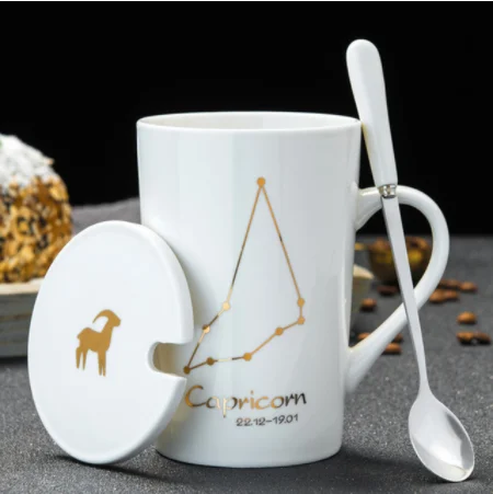 Capricorn-White 12 созвездий креативные керамические кружки с ложкой Крышкой Золотой фарфор Зодиак молоко кофе чашка 420 мл воды посуда для напитков B005 - Цвет: Capricorn-White