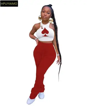 

HPUYIAMO Women Matching Set Poker Q Print Tank Tops Stacked Bell Bottom Jogger Pant Suit Two Piece Set Sport Tracksuit Outfit
