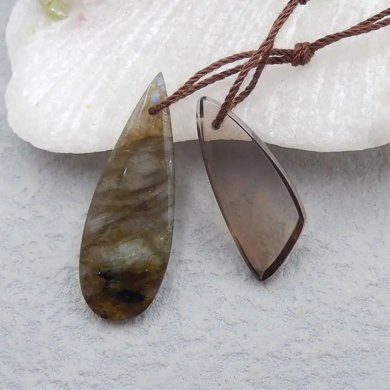 2Pcs Natural Labradorite And Smoky Quartz Semi-Finished Products DIY Jewelry Making Pendant Beads Set 32x11x4mm 25x10x3mm 4g | Украшения и