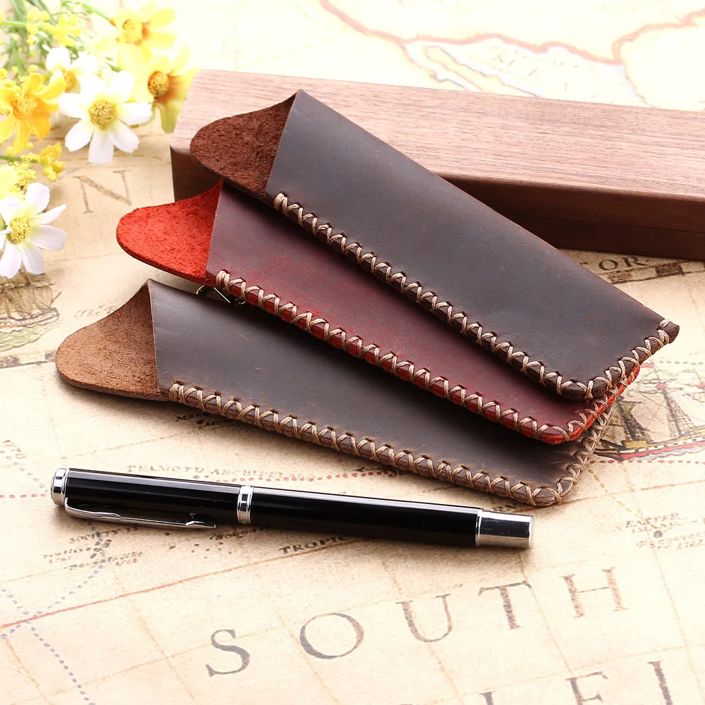 High Quality Genuine Leather Pen Pouch Holder Vintage Retro Fountain Ballpoint Pens Bag Stationery Pencil Case Supplies