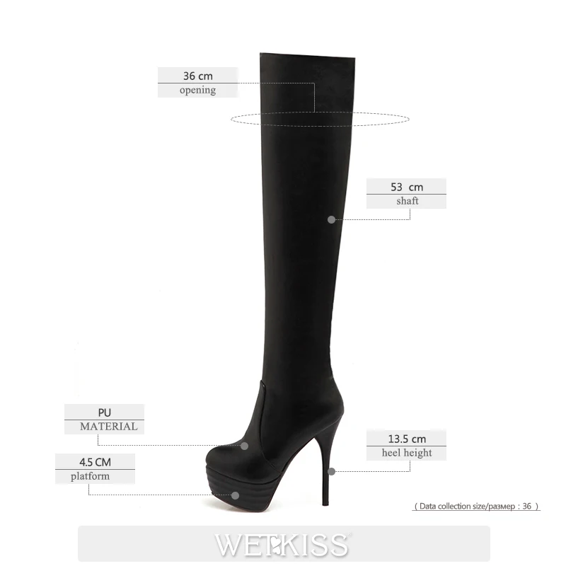 Cena WETKISS Plus rozmiar 34 46 jesienno zimowa platforma buta okrągły nosek 13cm cienki wysoki obcas nad buty do kolan kozaki za udo kobiety 2020