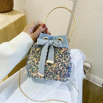 

Sequined Bow Bucket bag 2020 Small Totes With Metal Handle Women's Designer Handbag Chain Shoulder Messenger Bag Phone Purses