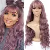 Blonde Unicorn Long Mix Purple Womens Wigs with Bangs Water Wave Heat Resistant Synthetic Wigs for Women African American 1