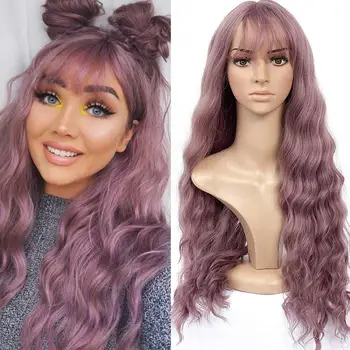 Blonde Unicorn Long Mix Purple Womens Wigs with Bangs Water Wave Heat Resistant Synthetic Wigs for Women African American 1