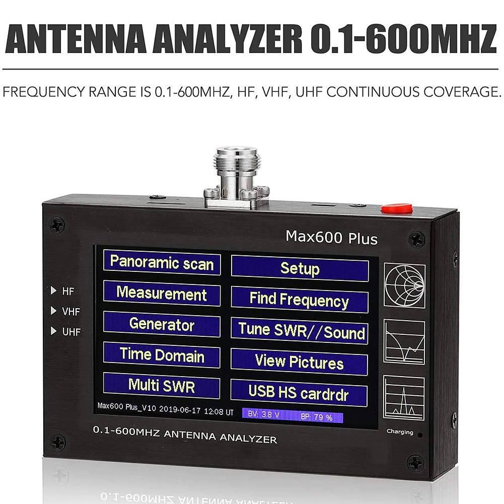 

4.3 inch Touch screen Max600 Plus HF VHF UHF Antenna Analyzer 0.1-600MHz SWR Meter 1.0-1999 5V/1.5A For Radio