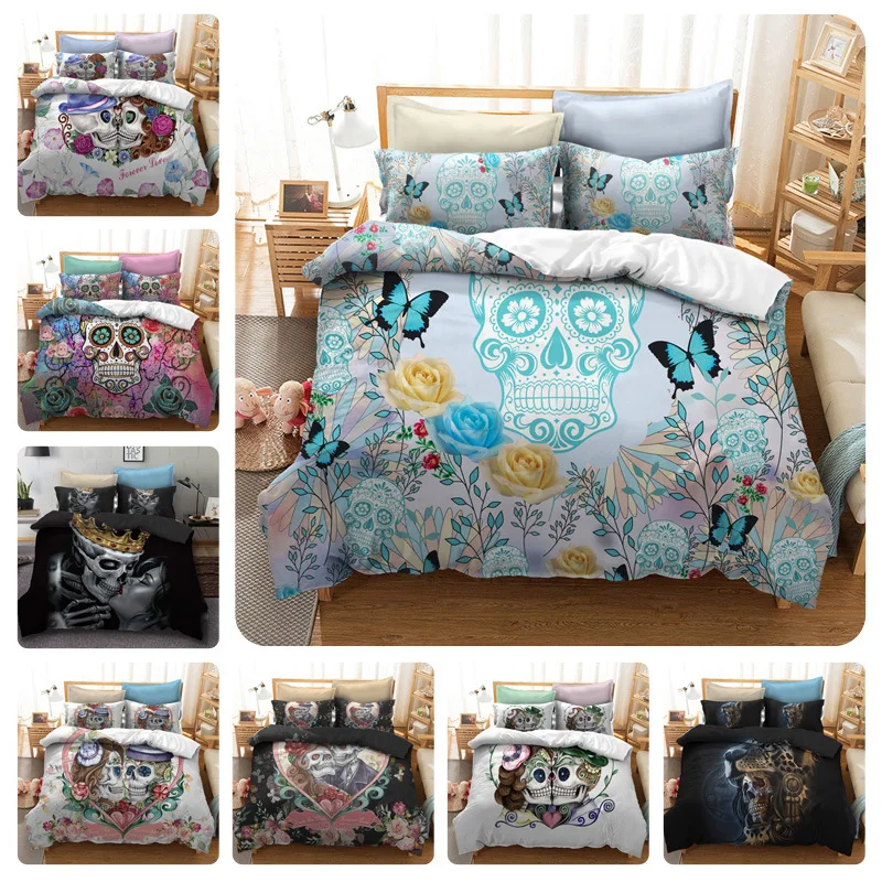 

Skull Bedding Set King Size Duvet Cover Sets Pillowcases Bed Linen 3D Watercolor Flower Skull Three-piece Bedding Set